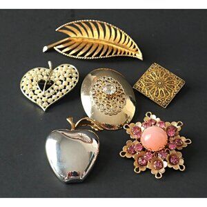 Mid-Century Modern Gold  & Silver Tone Brooches Set Of 6 W/ Pearl & Rhinestone
